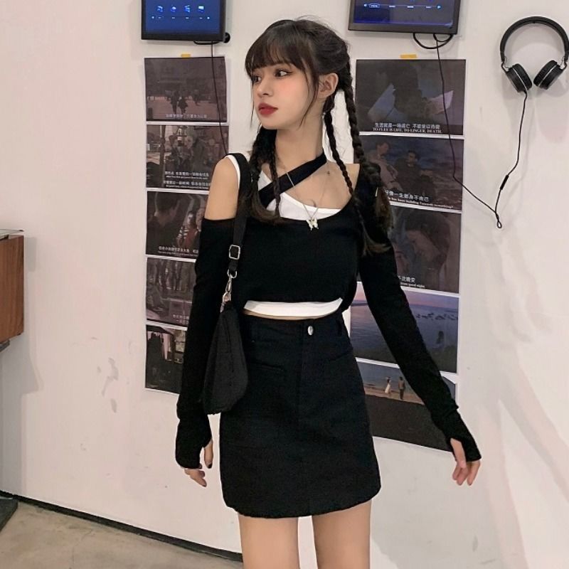 Áo trễ vai ôm dáng giả 2 lớp phong cách thời trang Hàn Quốc dành cho nữ