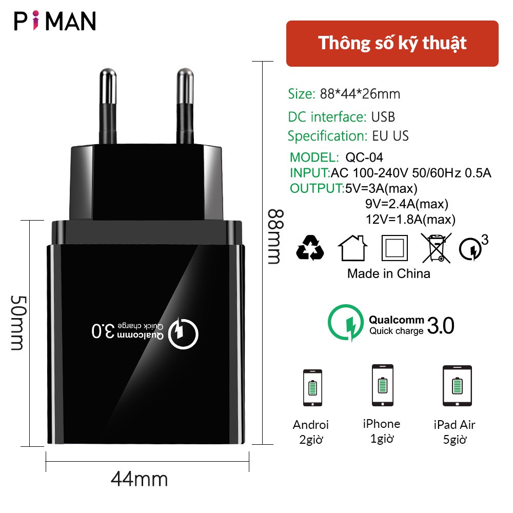 Củ Sạc Nhanh Piman 20W  Samsung  Oppo Quick Charge 3.0 Kéo Dài Tuổi Thọ Cho Pin P211