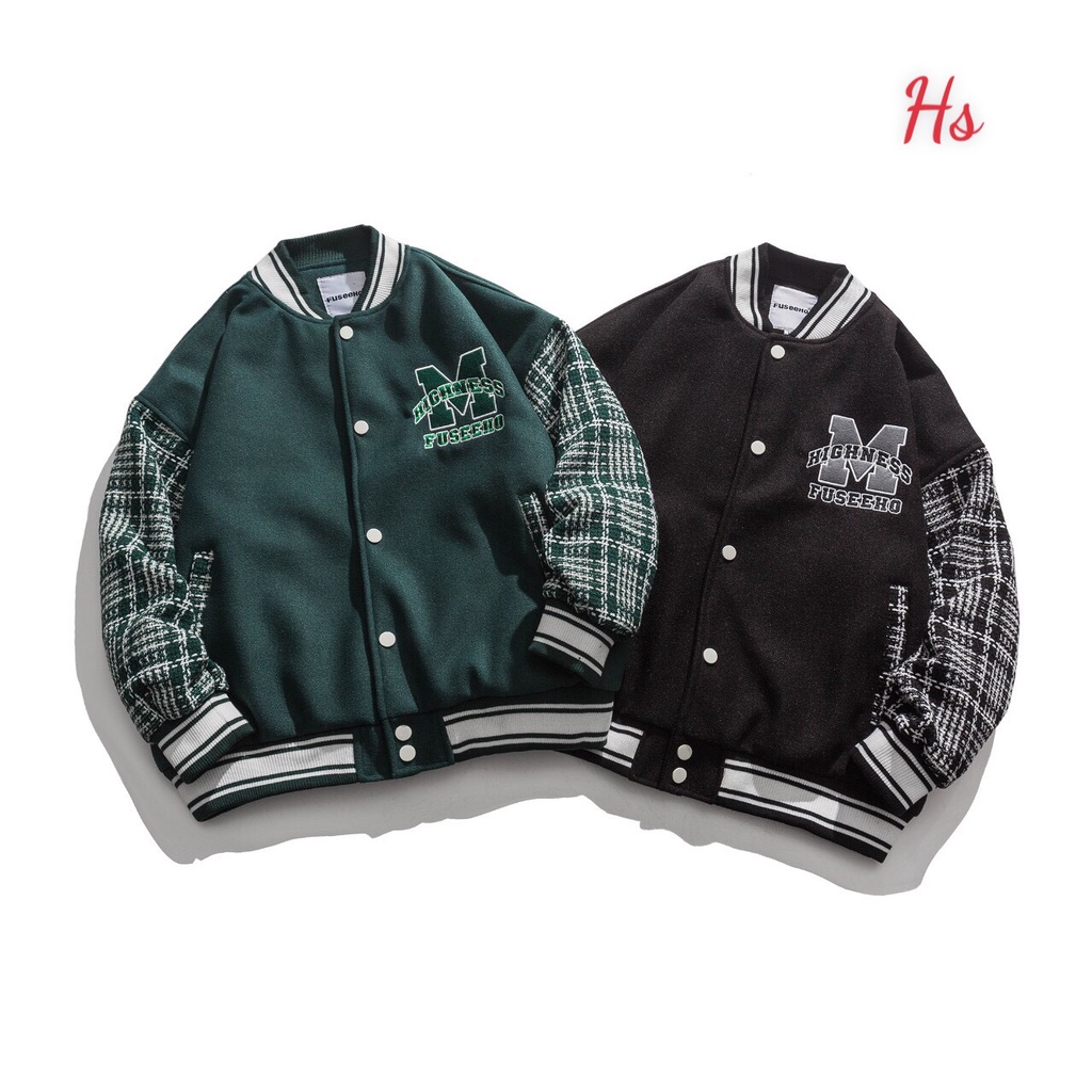 Áo khoác bomber nam nữ thêu chữ M phối tay dạ chất nỉ dày dặn phong cách