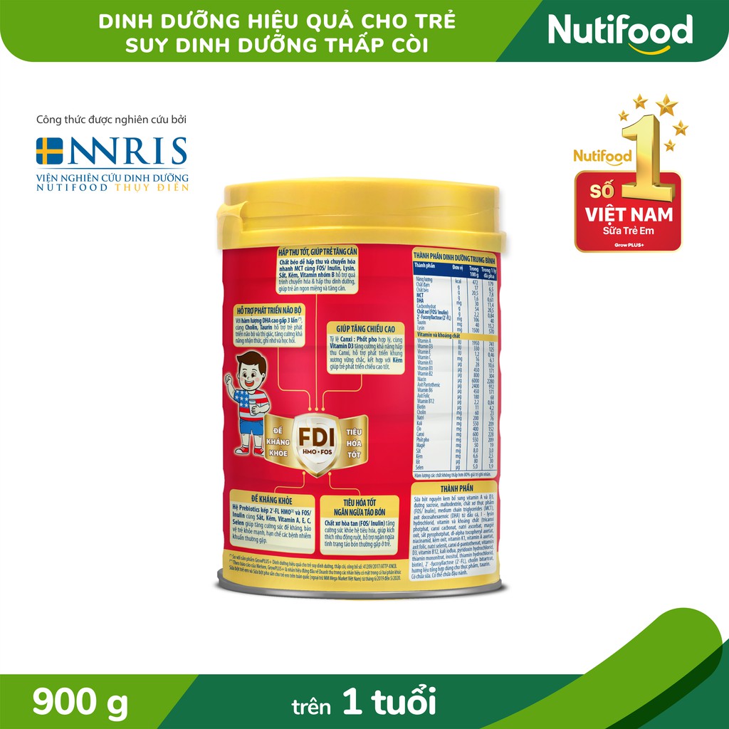 Sữa Bột Nutifood  Grow Plus Đỏ dinh dưỡng hiệu quả cho trẻ suy dinh dưỡng thấp còi 900g/lon và 780g/lon