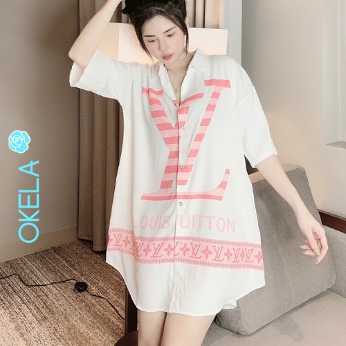 Váy sơ mi xuông dáng dài đầm ngủ mặc nhà dễ thương thiết kế xinh đẹp lụa ngủ cao cấp OKELA MO | BigBuy360 - bigbuy360.vn