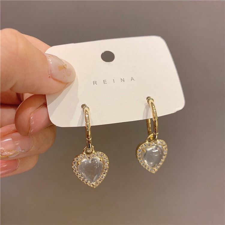 Bông Tai Bạc S925 Hình Trái Tim Đính Đá Zircon Trong Suốt Dễ Thương