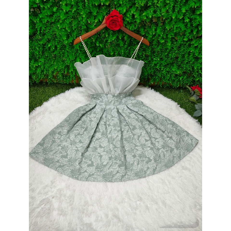 Đầm xoè tiểu thư đẹp, váy nữ xòe vải xốp Hàn hoa ly nổi 3D phối 2 dây ngọc , Loại 1