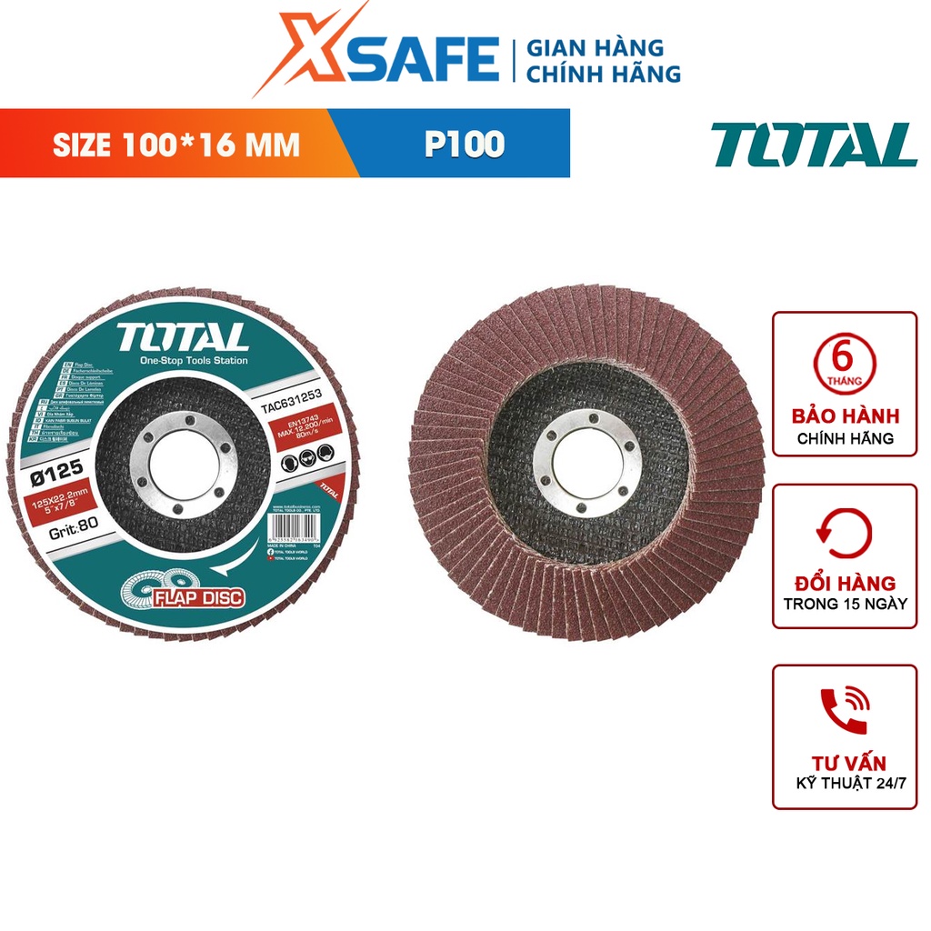 Đĩa nhám xếp TOTAL TAC6310043 độ nhám 100P, kích thước 100x16mm, dùng làm nhẵn mặt phẳng, góc cạnh kim loại, thép, gang
