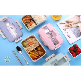 (Rẻ Vô Địch) Hộp Cơm Lúa Mạch 3 Ngăn Kèm Đũa Thìa Inox (BSB90)
