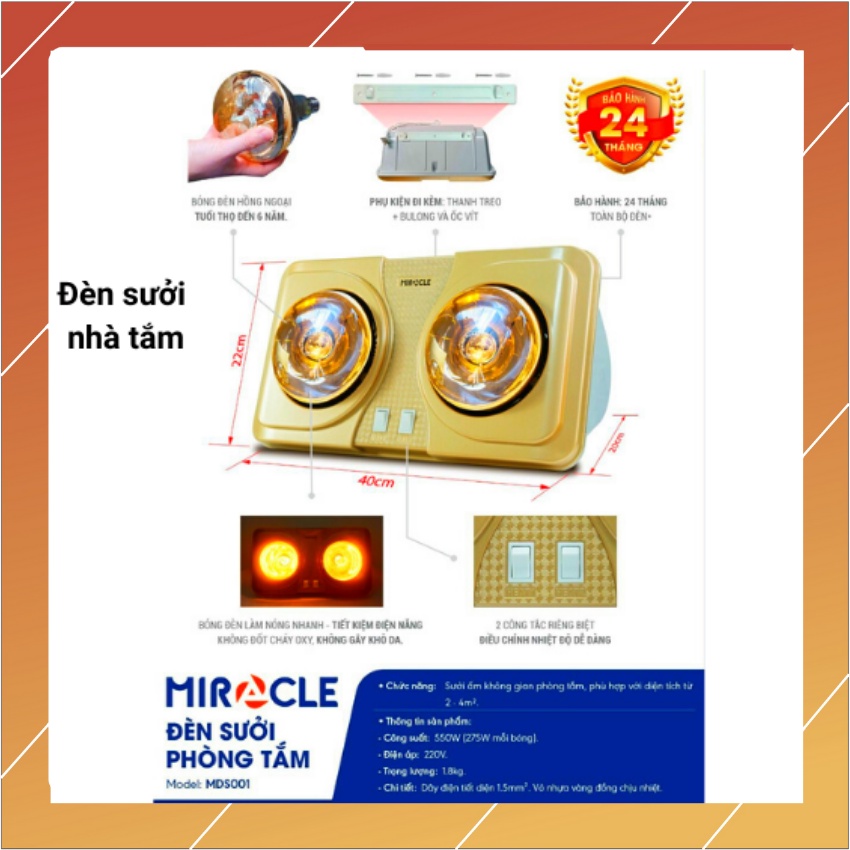 Đèn sưởi nhà tắm MIROCLE - MDS001 ( 2 bóng 550W ) tiết kiệm điện,không khô da ( bảo hành 24 tháng )