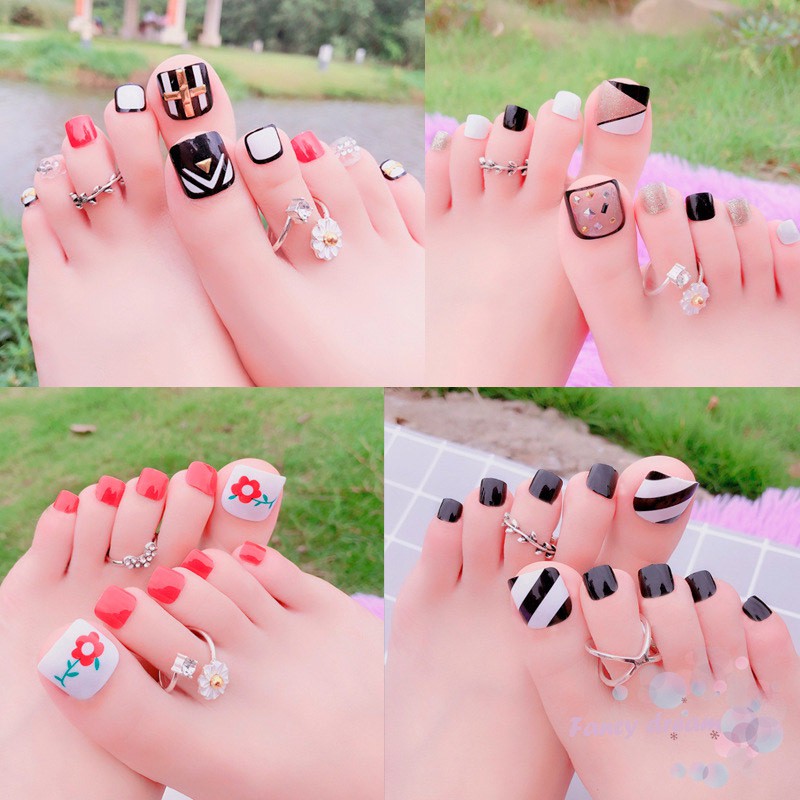 Set 24 móng chân giả nhiều họa tiết độc đáo kèm keo dán tiện dụng cho nữ