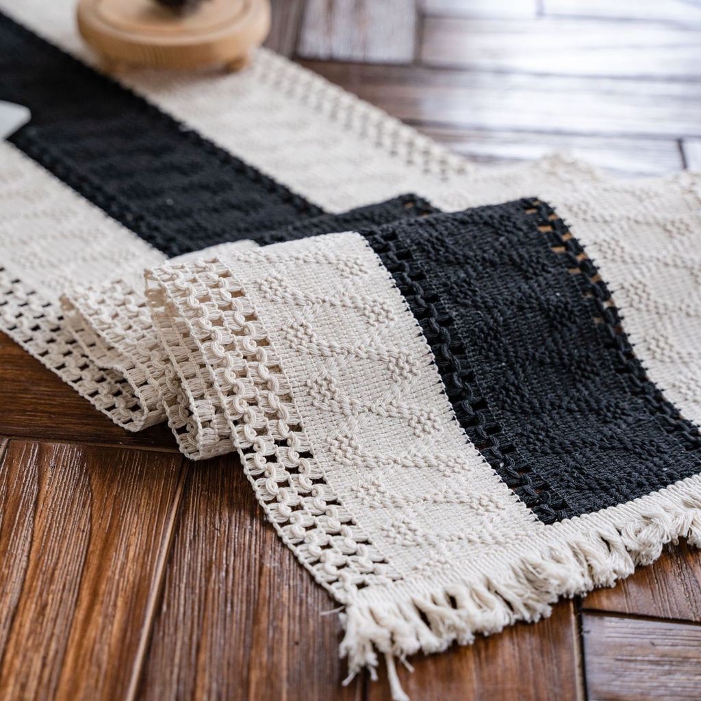 Khăn Trải Bàn Ăn Bằng Cotton Lanh Thêu Họa Tiết Kẻ Sọc Phối Tua Rua Thời Trang Tiện Dụng Cho Nhà Bếp