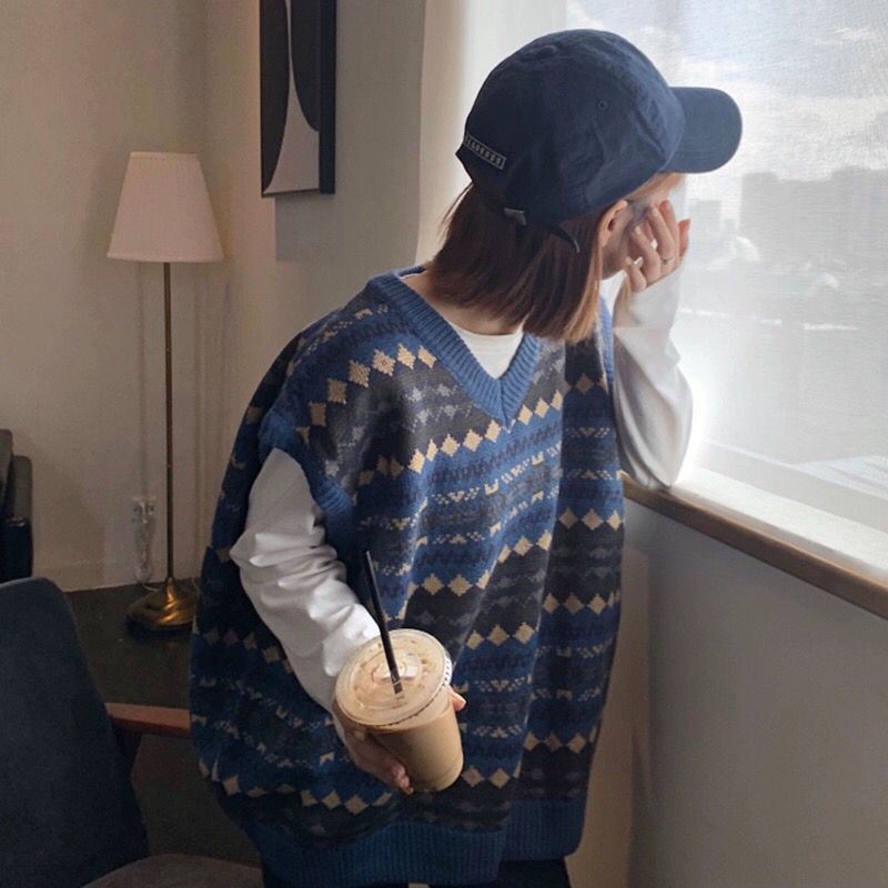 Áo ghi lê cổ V dệt kim thiết kế dáng rộng thích hợp cho nữ sinh theo phong cách Hàn Quốc