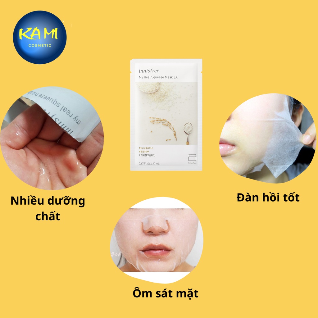Mặt nạ giấy sáng trắng mịn da từ gạo innisfree My real Squeeze Mask - Rice 20ml - KAMI - thành phần tự nhiên