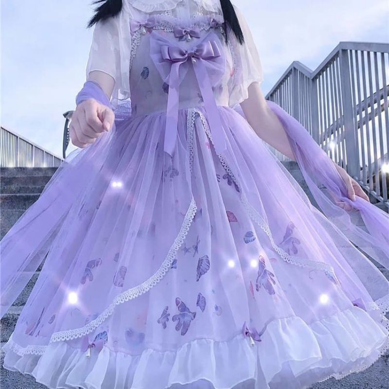 [Order] Váy đầm công chúa Lolita đính nơ in hình sinh vật biển dáng xòe màu tím - trắng loại đẹp