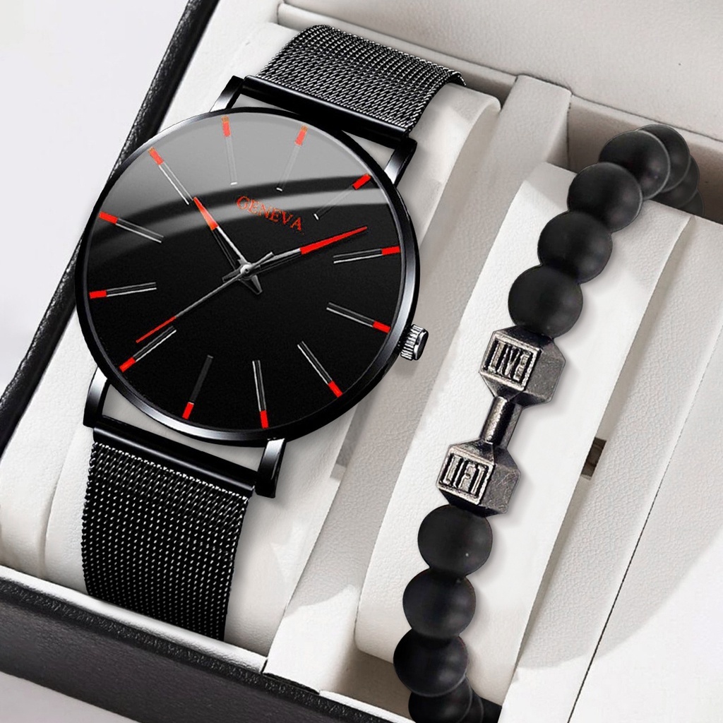 Đồng Hồ Quartz Nam Dây Lưới Thép Không Gỉ Geneva