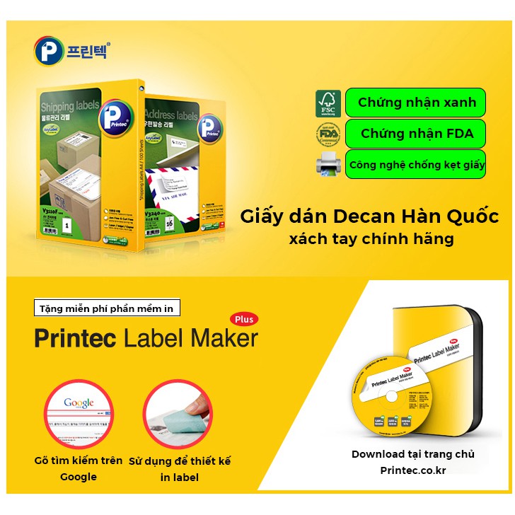 [MADE IN KOREA] Giấy nhãn dán Decal in mã vạch, vận đơn A4 printec 4 khung 100 tờ V3140-100