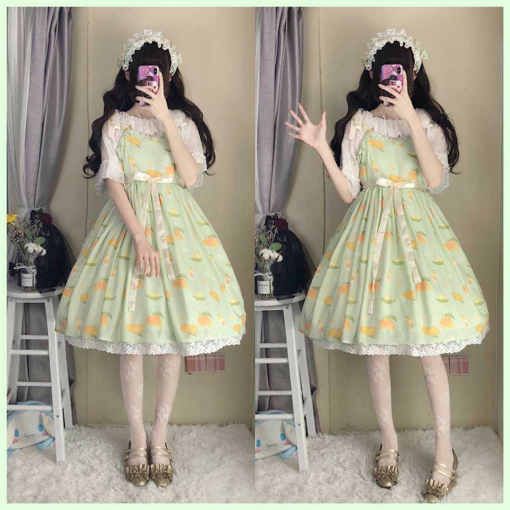 Đầm Lolita Hai Dây Vải Cotton Họa Tiết Xoài Dễ Thương Cho Nữ váy babydoll