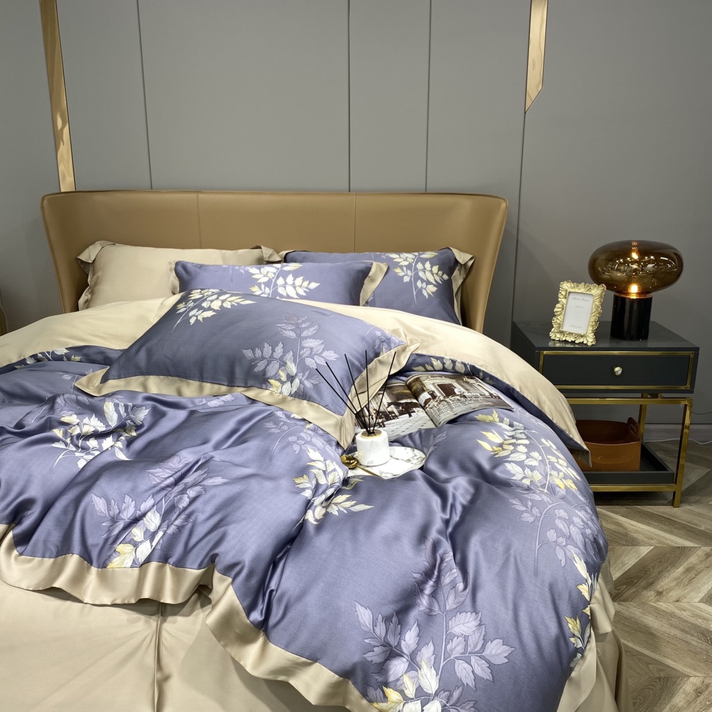 Bộ chăn ga gối cao cấp 100%Tencel 100s, họa tiết Lá dương sỉ Pháp, màu sắc sang trọng, chất liệu siêu mềm mát mịn