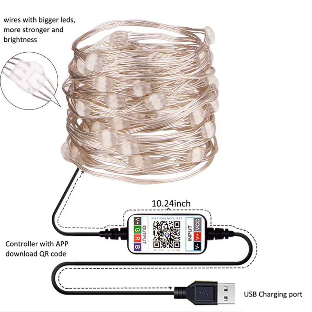 Dây Đèn LED Fairy RGB Nguồn USB 5V Kết Nối Bluetooth Dùng Trang Trí Nhà Cửa, Cây Thông Noel, Phòng Ngủ