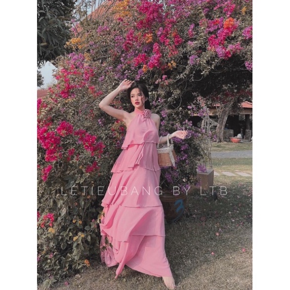 Váy Maxi Tầng Bèo Đính Hoa Ngực 3 Màu