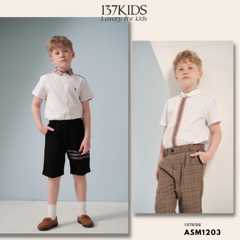 Áo sơ mi burberry 137Kids trắng cộc tay vải cotton thoáng mát cho bé trai New