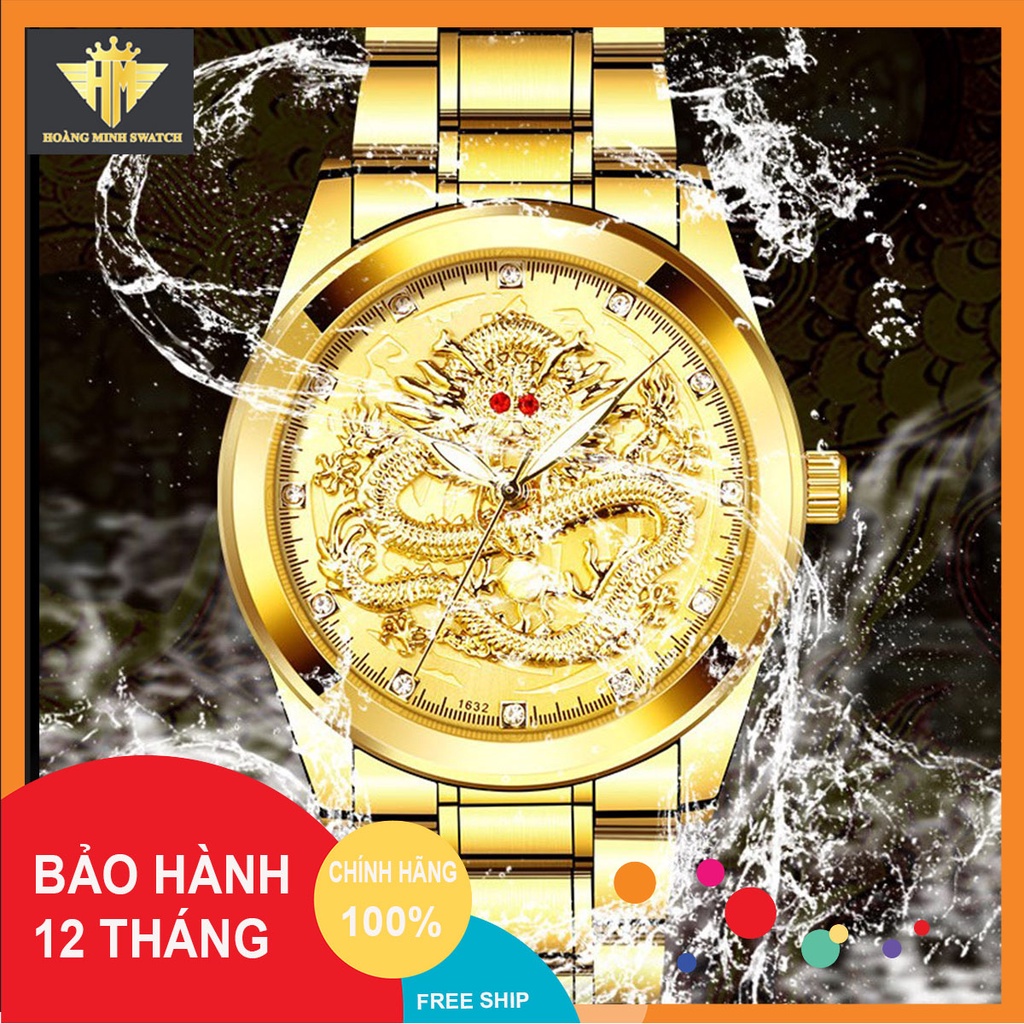 ĐỒNG HỒ NAM RỒNG VÀNG KÍNH TRÁNG SAPPHIRE - ĐỒNG HỒ PHONG THỦY - DÂY THÉP ĐÚC ĐẶT CAO CẤP