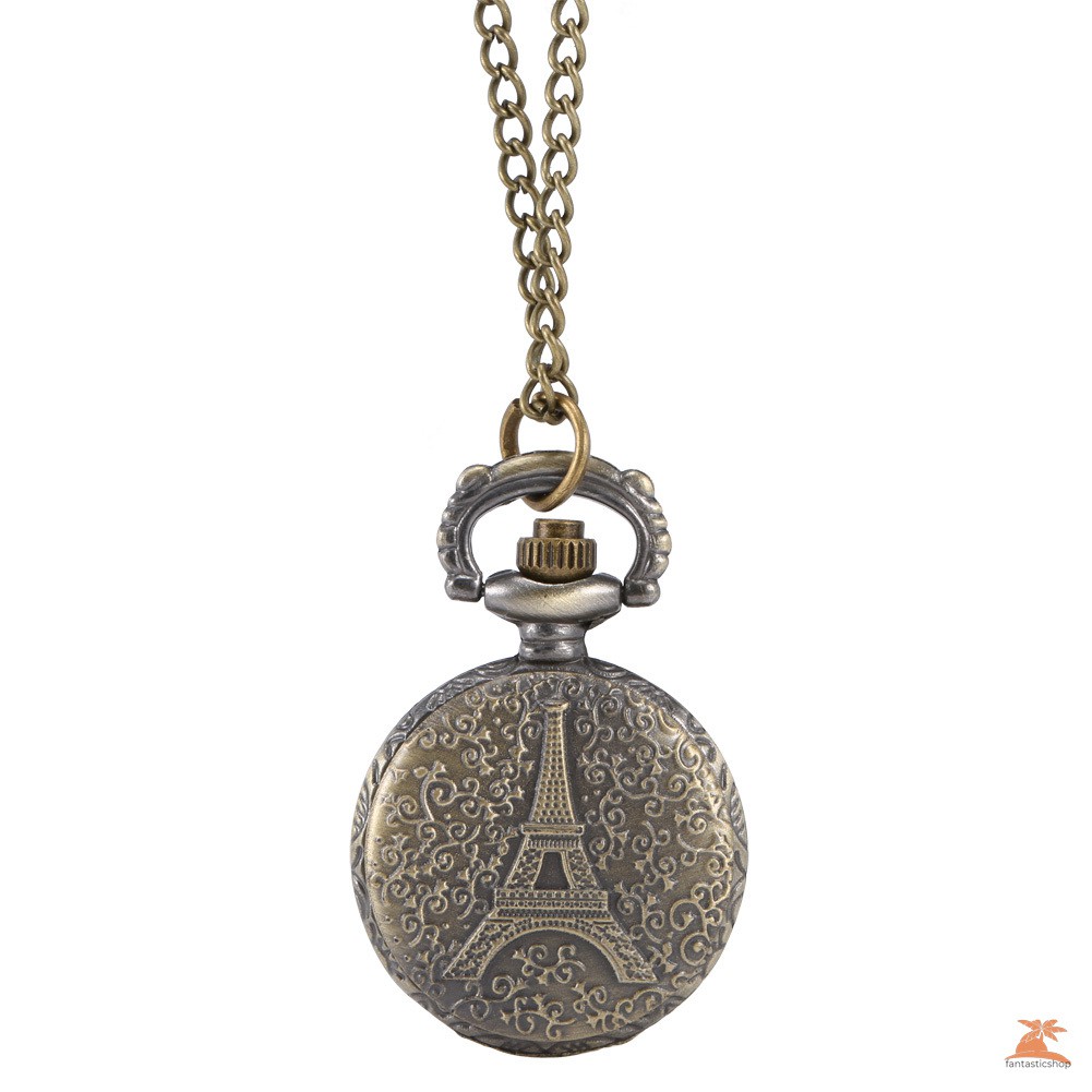 #Đồng hồ bỏ túi# Fashion Vintage Quartz Pocket Watch Alloy Hollow Out Eiffel Tower Sweater Chain Necklace Pendant Clock Gifts