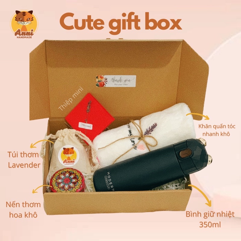 Cute Gift Box - bộ quà tặng 6 món với bình giữ nhiệt, khăn quấn tóc nhanh khô, túi nụ thơm, nến thơm handmade