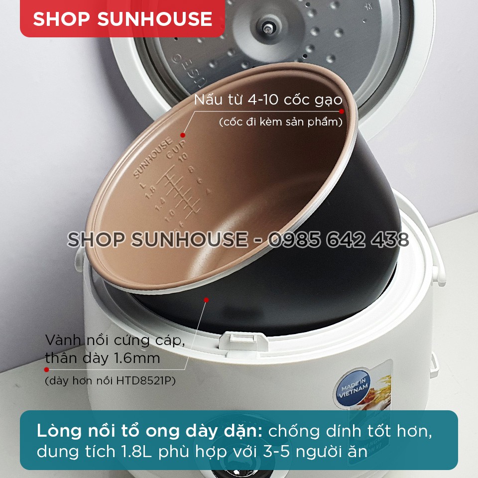 [Mã 2010ELSALE hoàn 7% đơn 300K] Nồi cơm điện 1.8L SUNHOUSE SHD8606 thân nhựa