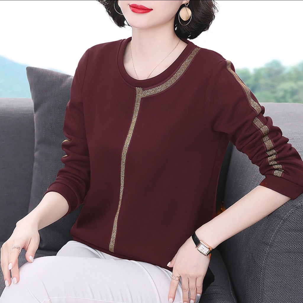 Áo thun tay dài cổ tròn dáng rộng thời trang xuân thu cho phụ nữ trung niên