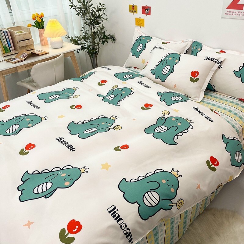 Bộ chăn ga gối cotton poly -mẫu khủng long xanh -luis bedding shop miễn phí bo chun