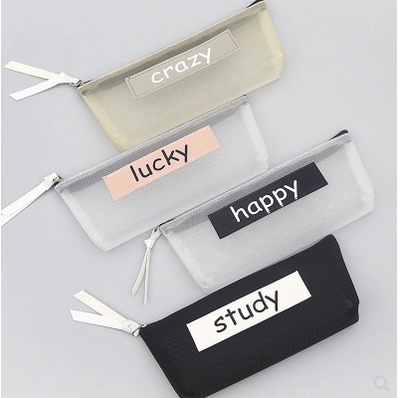 (Thaosi8420) Hộp đựng bút, túi đựng bút lưới lucky,crazy,happy,study KT 18*8