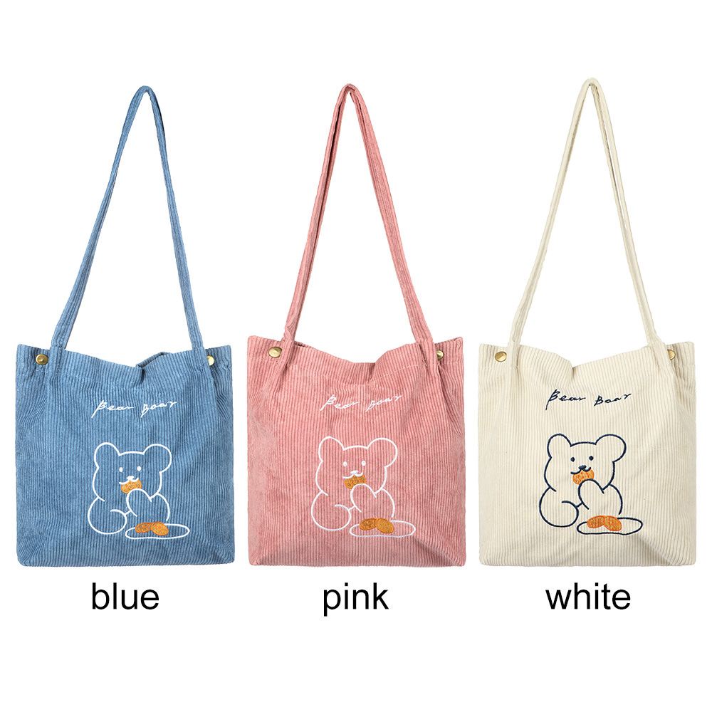 Túi tote đeo vai bằng vải nhung sức chứa lớn thêu hình gấu dễ thương nhiều màu tùy chọn