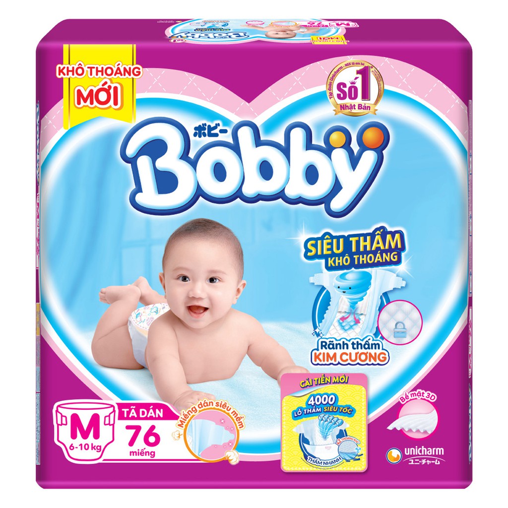 Tã Dán Bobby Siêu Mỏng Thấm Gói Siêu Lớn M76 (76 Miếng) Rãnh Thấm Kim Cương, Lưng Thun Đệm Mây- Thanh Lý Giá Rẻ