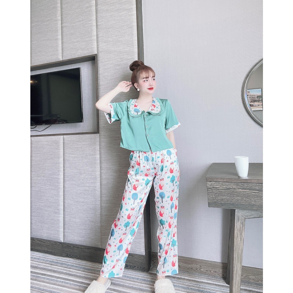 Pijama lụa Áo crotop phối quần họa tiết siêu xinh xắn