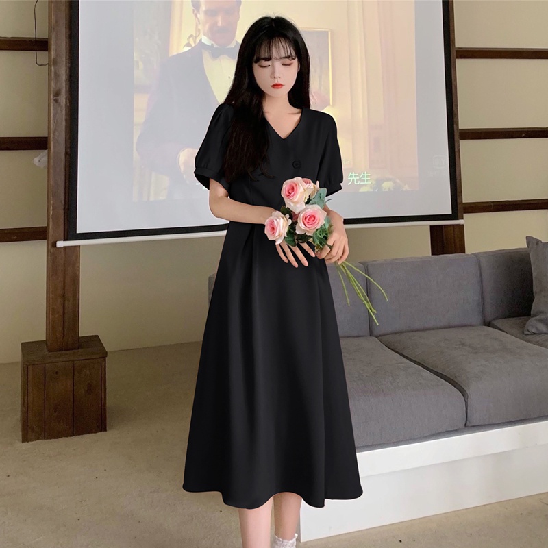 Đầm dài Perty cổ chữ V chiết eo phong cách Hàn Quốc thời trang mùa thu cho nữ