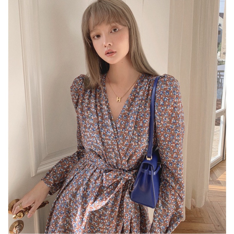 Đầm midi Tay Dài Hoạ Tiết Hoa Thiết Kế Cổ Chữ V Nữ Tính