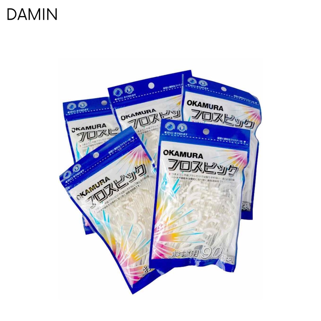 Okamura Combo 5 gói tăm chỉ kẽ răng nha khoa Nhật Bản (Bịch 50 cây/90 cây) DAMIN