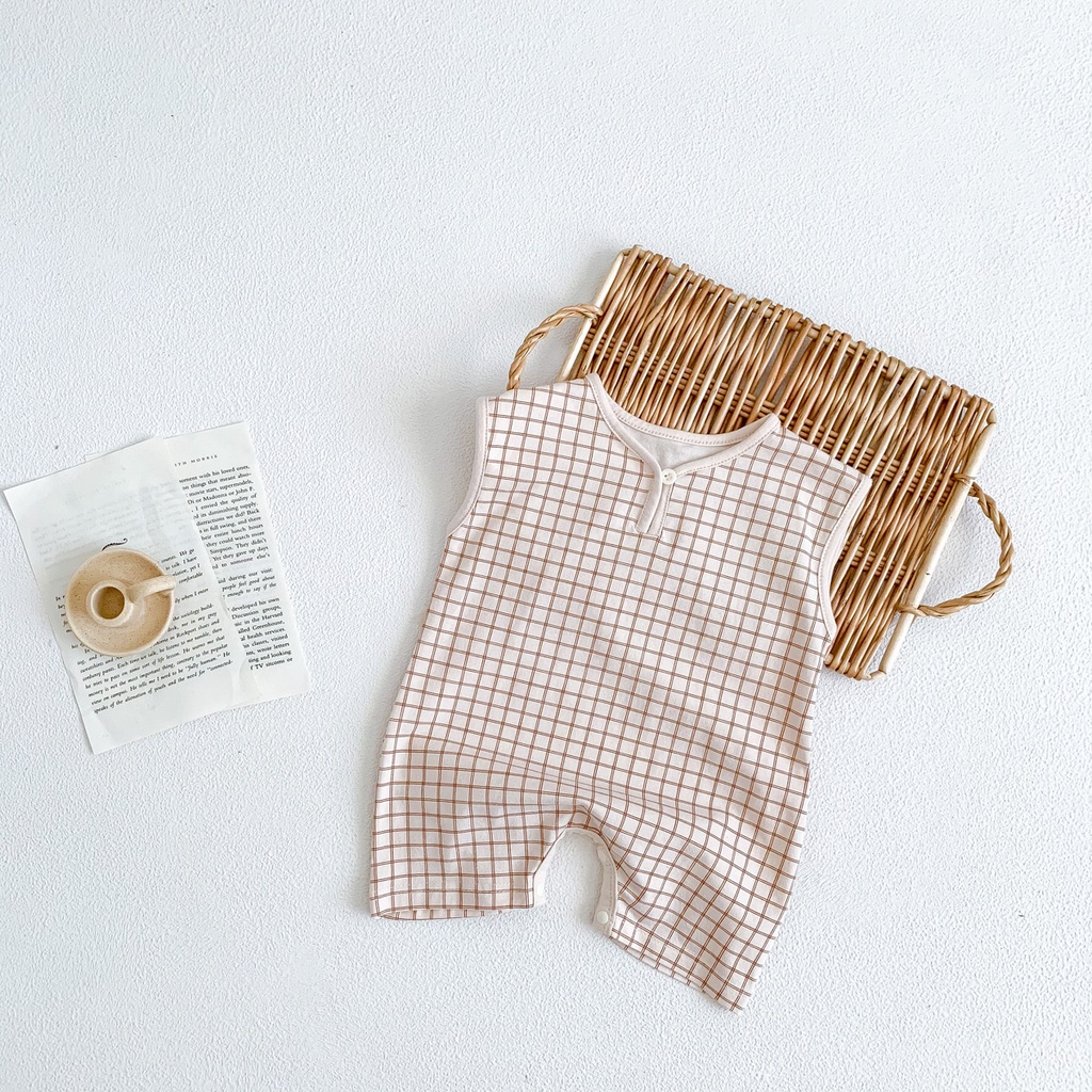 Bộ Áo Liền Quần Sát Nách Bằng Vải Cotton Họa Tiết Ca Rô Đơn Giản Thời