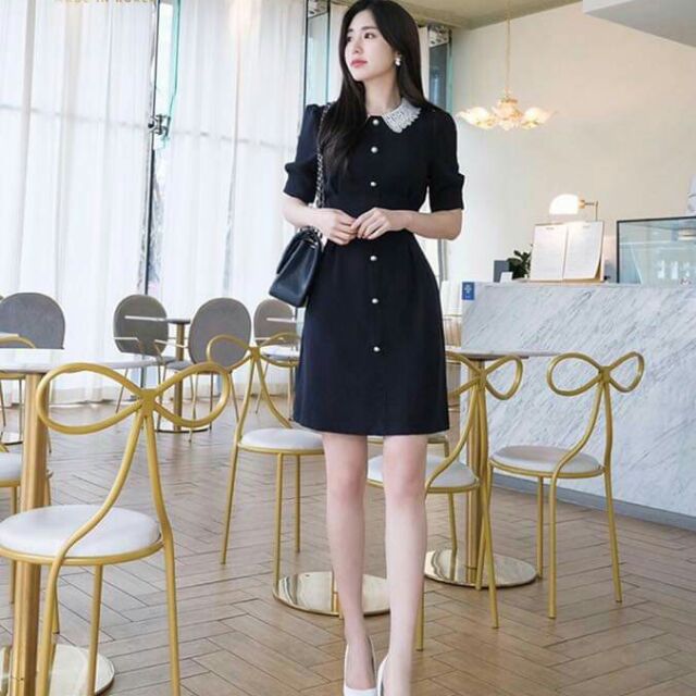 Váy cúc giữa cổ ren trắng tiểu thư(nn