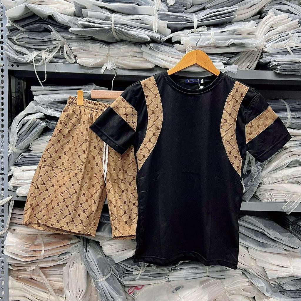 Set quần áo thun nam cổ tròn tay ngắn phối, vai tay họa tiết vàng chữ B, bộ đồ thời trang hè hot trend