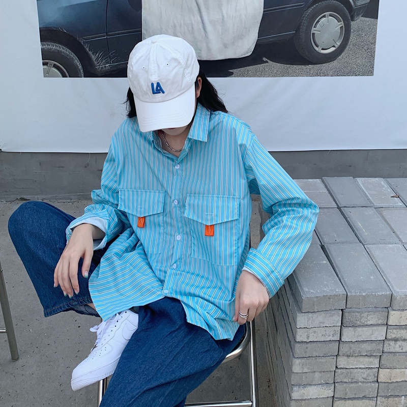 SUXI Áo Sơ Mi Nữ Dài Tay Dáng Rộng Kẻ Sọc Kiểu Retro Mới