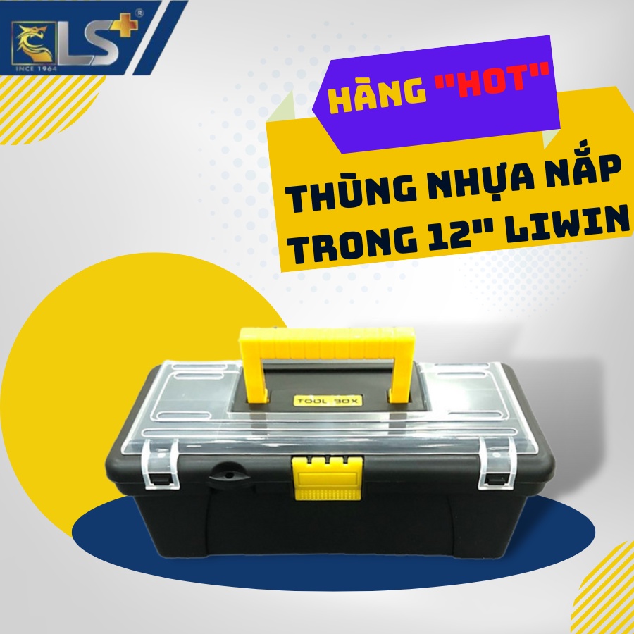 Thùng đồ nghề nhựa đen nắp trong 12" Liwin, thùng nhựa đựng đồ nghề, thùng đồ nghề mini, thùng đồ nghề nail