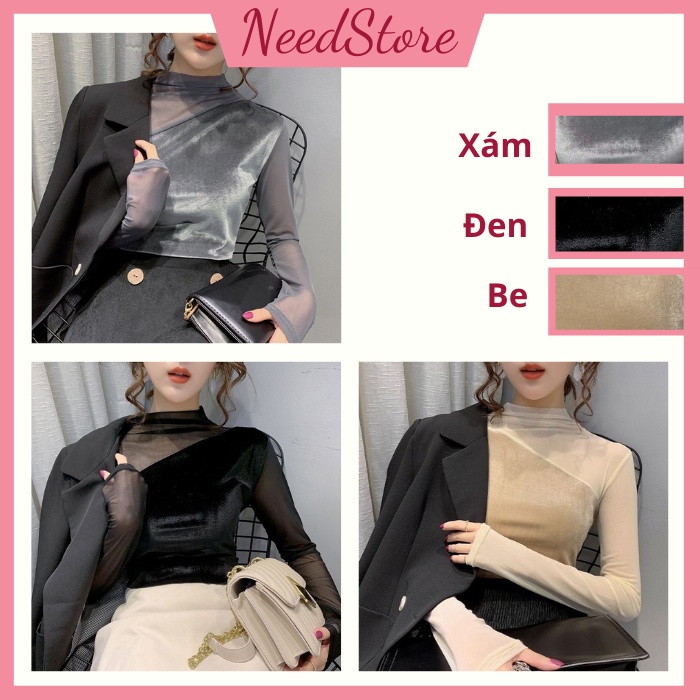 Áo giữ nhiệt nữ cổ tròn chất nhung siêu ấm phối lưới ôm body co giãn sang trọng quý phái phối vest blazer