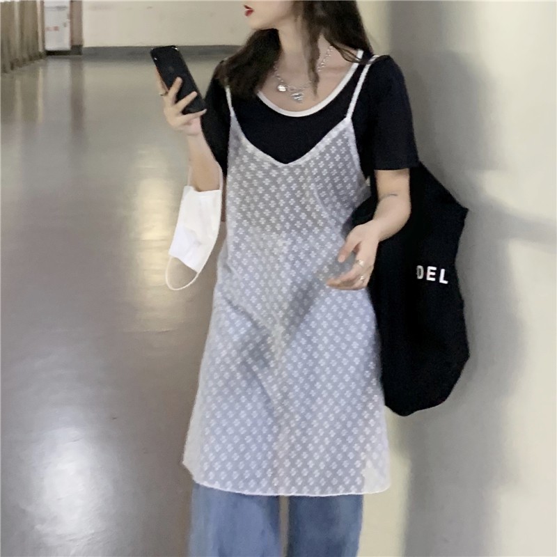Bộ áo thun tay ngắn dáng rộng + đầm 2 dây kiểu Hàn Quốc cho nữ Xiaozhainv | BigBuy360 - bigbuy360.vn