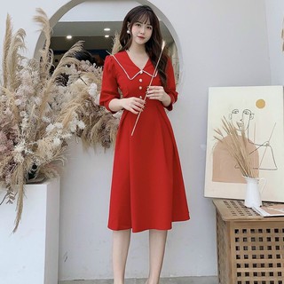 Đầm váy nữ dự tiệc 2 màu đỏ đen dài tay đính nút gợi cảm trẻ trung