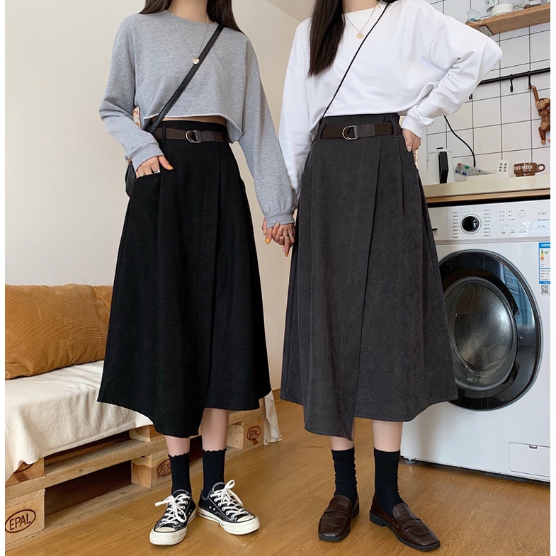 SUXI Chân Váy Chữ A Lưng Cao Màu Sắc Đơn Giản Cho Nữ