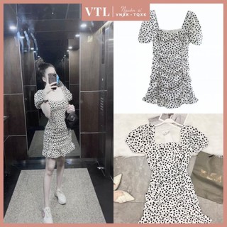 VÁY CHẤM BI ZR TRẮNG TAY PHỒNG CHUN EO