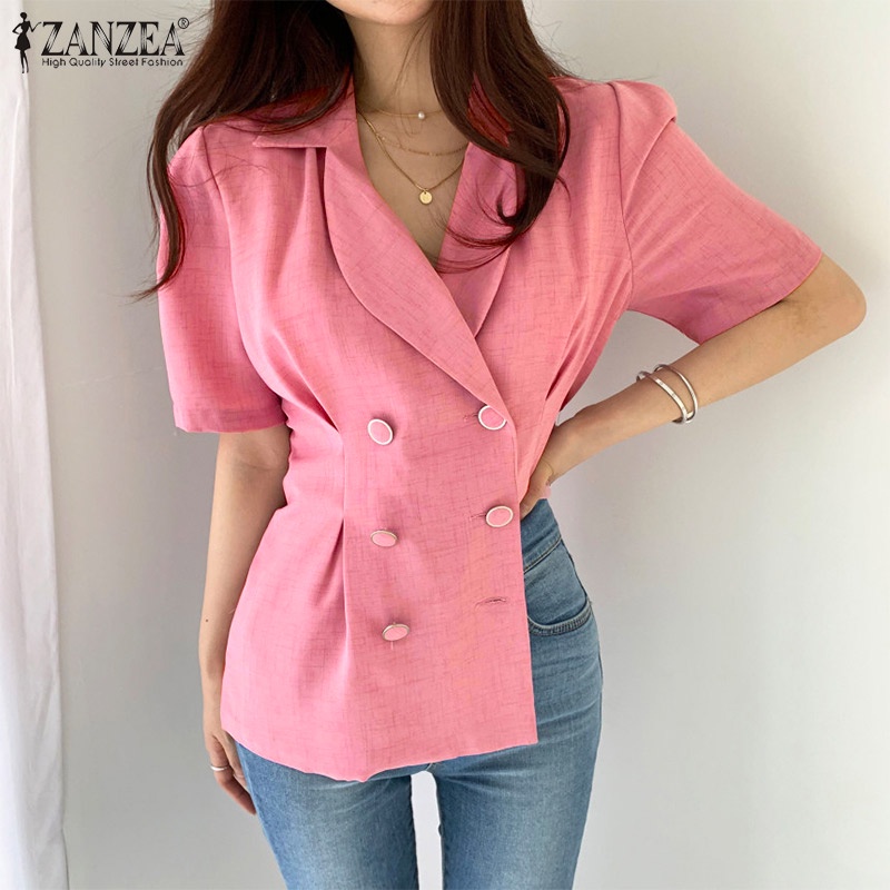 Áo sơ mi ZANZEA tay ngắn phồng phong cách Hàn Quốc thời trang cho nữ