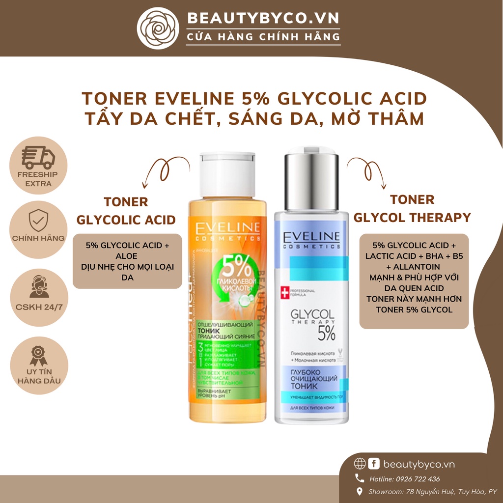 Toner Eveline 5% Glycolic acid - Glycol Therapy làm căng bóng da, mờ thâm mụn