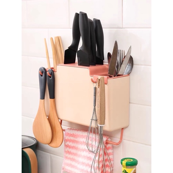 Kệ đựng muỗng đũa dán tường nhà bếp thông minh mẫu mới siêu xịn có ngăn vắt dao, thanh treo khăn, kèm móc treo phụ kiện