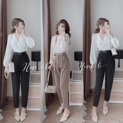 Áo sơ mi lụa cổ sen 2 lá đính viền dây ngọc tiểu thư