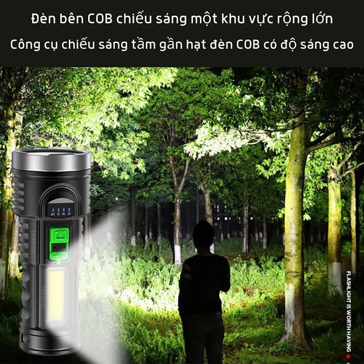 Đèn pin cầm tay chống nước chiếu xa, đèn pin led sạc tích điện 4 chế độ sáng, có COB đèn cạnh, đèn pin siêu sáng